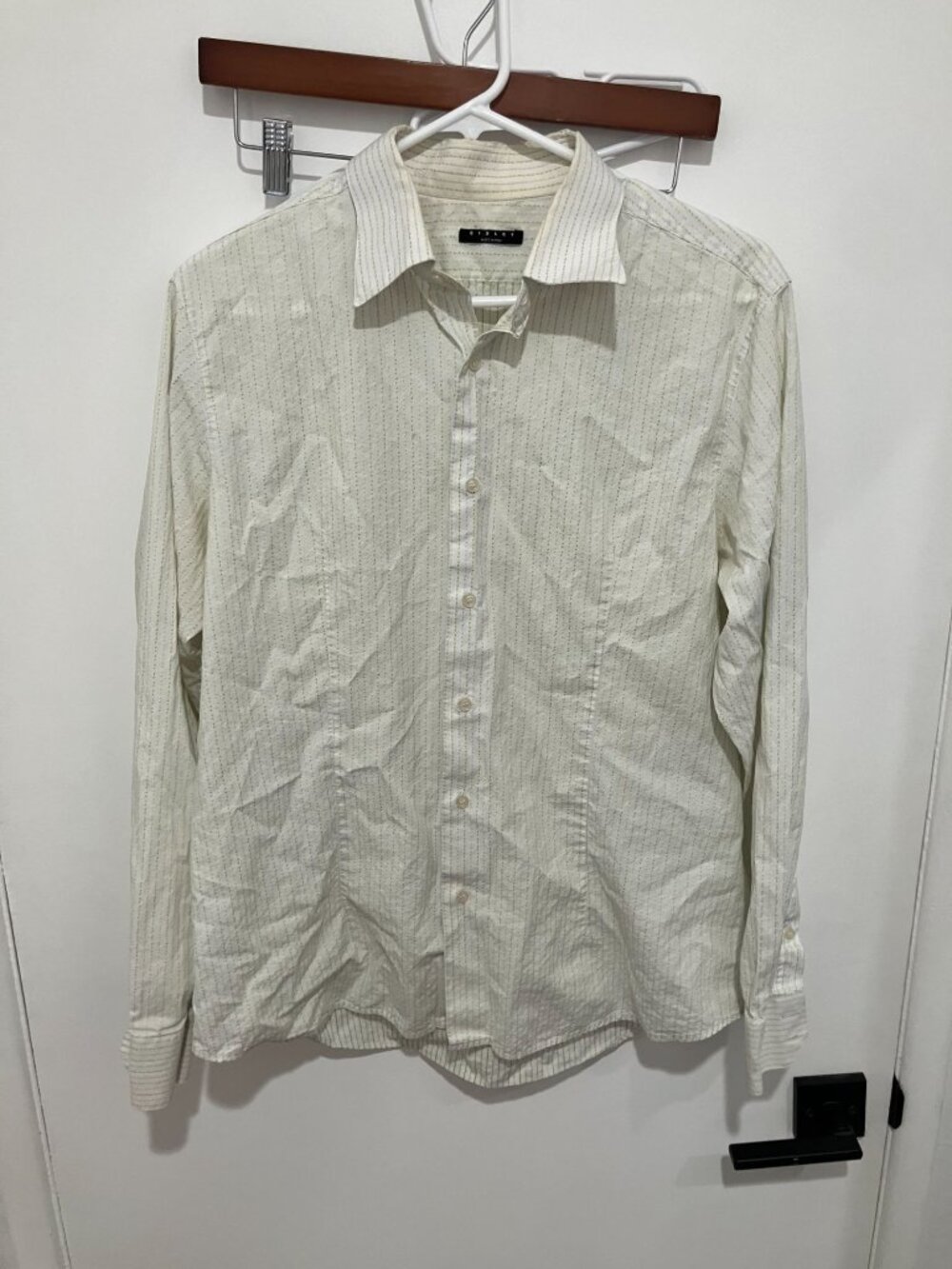 Sisley Cream Pinstripe Button Up Shirt Men Classic Spread Collar Size Large